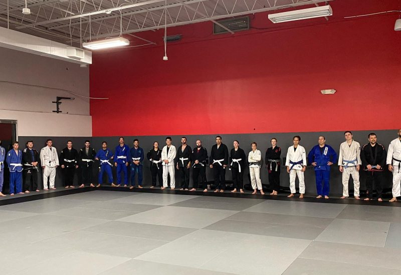 Group of martial arts students lined up around the edges of a mat